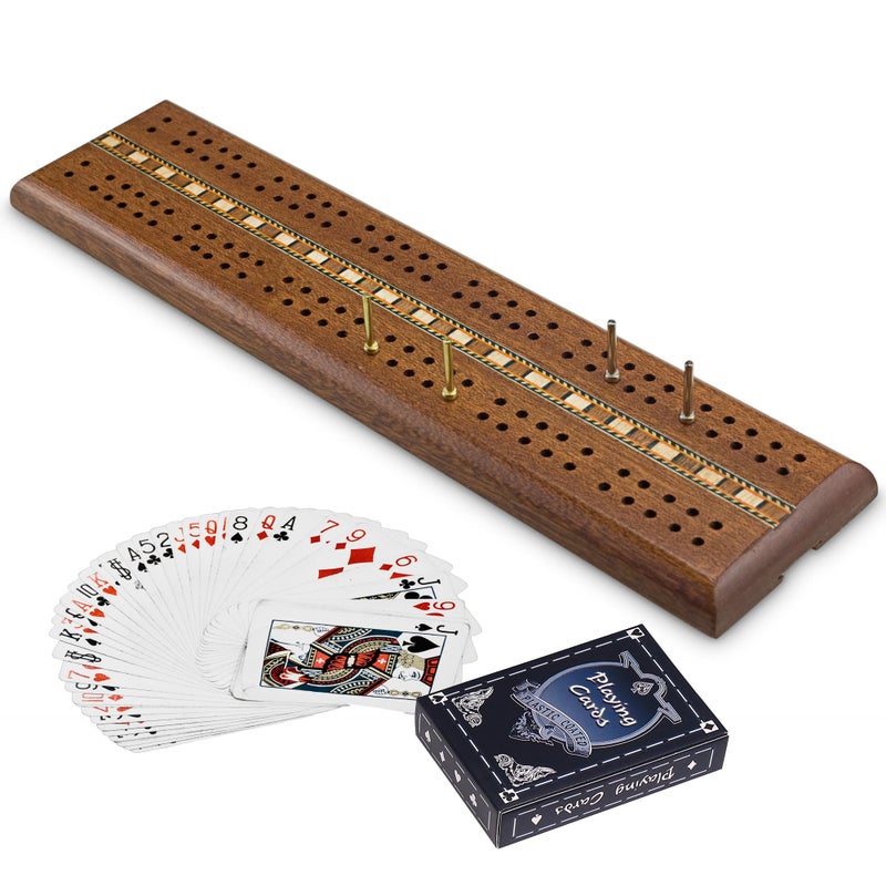 Sterling Games Wooden Cribbage 12 inch Double Track Cribbage Board with Rich Italian Inlaid for 2 Players Playing Cards Included - Image 1